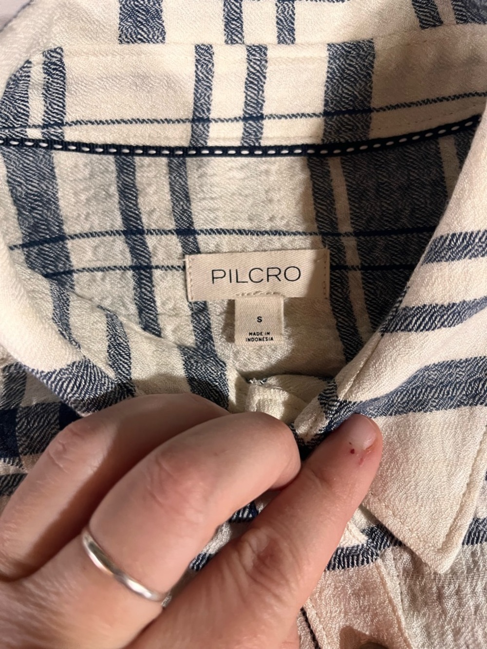 Pilcro Cream and Navy Long-Line Button Front Plaid High-Low Shirt Dress - Picture 11 of 15